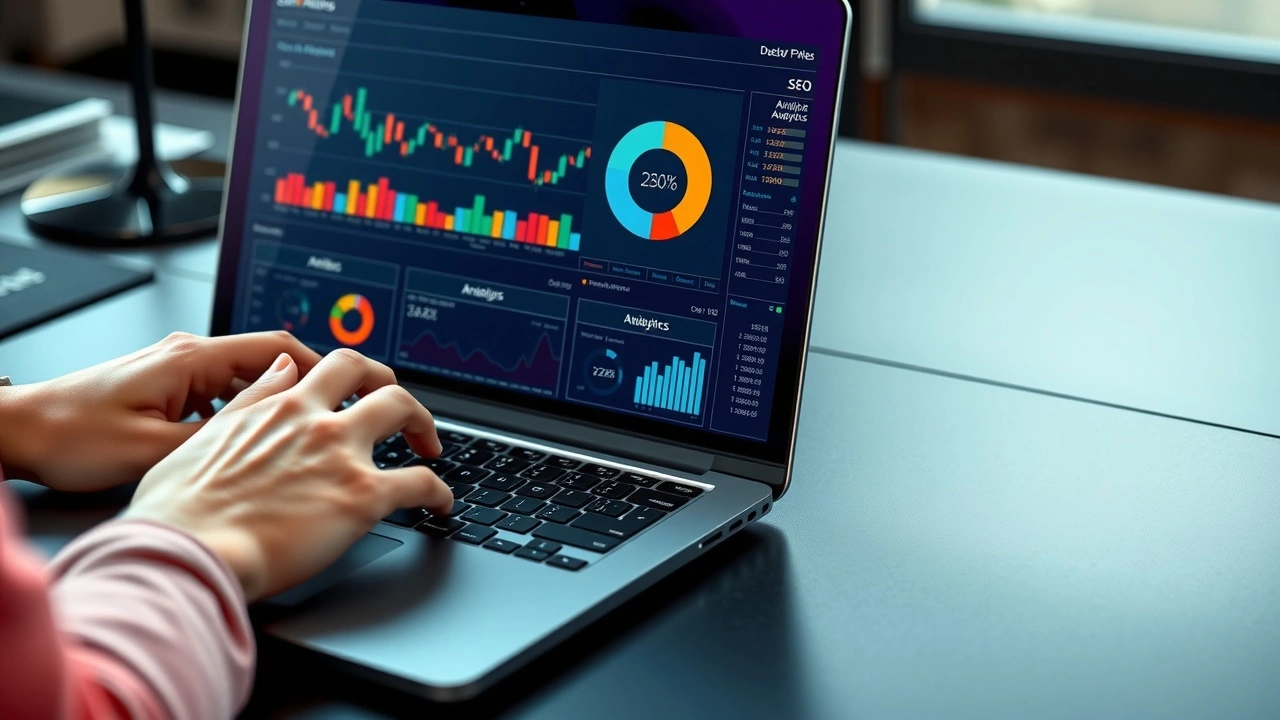 person utilisant un ordinateur avec des analyses SEO