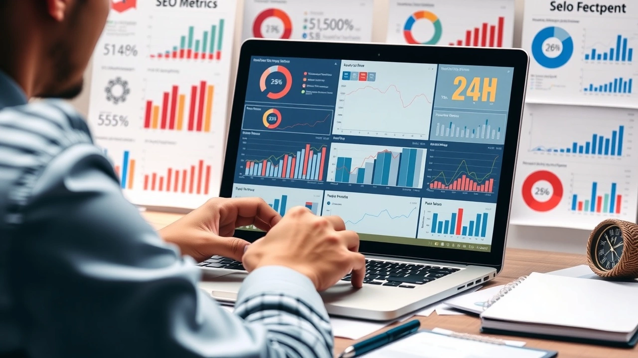 person utilisant un ordinateur avec des graphiques SEO