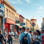 Illustration d'un quartier d'affaires animé avec des repères de Google Maps.