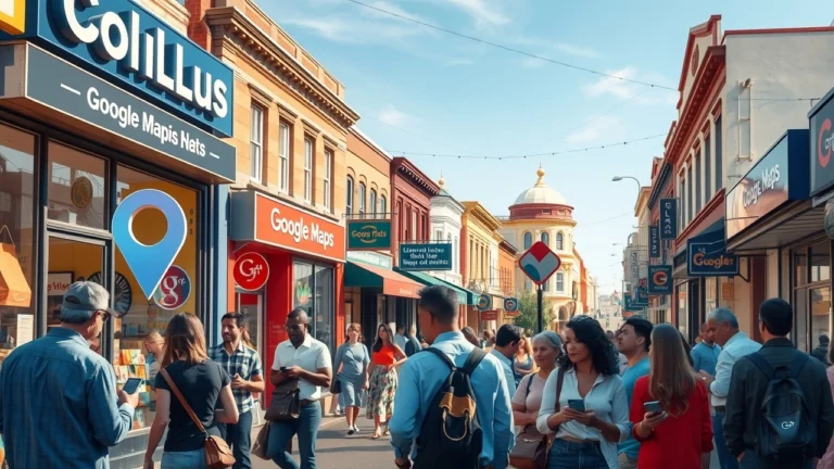 Illustration d'un quartier d'affaires animé avec des repères de Google Maps.