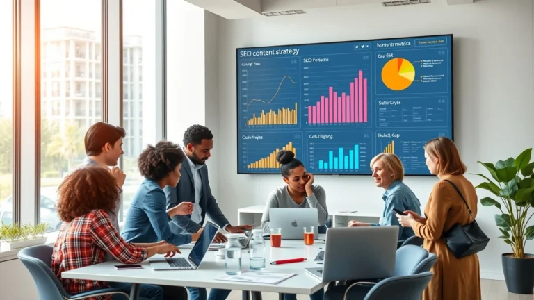 Équipe diversifiée utilisant l'intelligence artificielle pour améliorer la création de contenu SEO dans un bureau moderne.