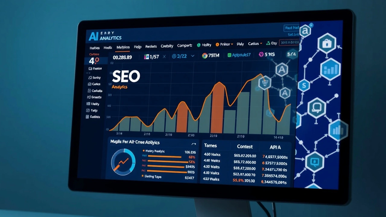 écran d'ordinateur avec analyses SEO et algorithmes IA
