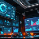 Une scène représentant l'intégration de l'IA pour analyser les performances SEO dans un environnement de travail moderne.