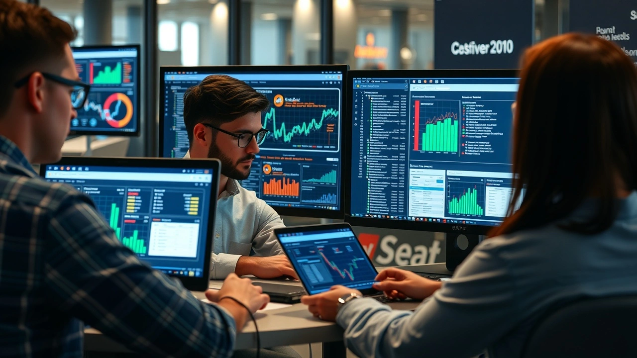 équipe analyzant des données SEO sur des ordinateurs