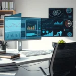 Une représentation photoréaliste d'un espace de travail numérique moderne axé sur l'optimisation SEO avec l'intelligence artificielle.