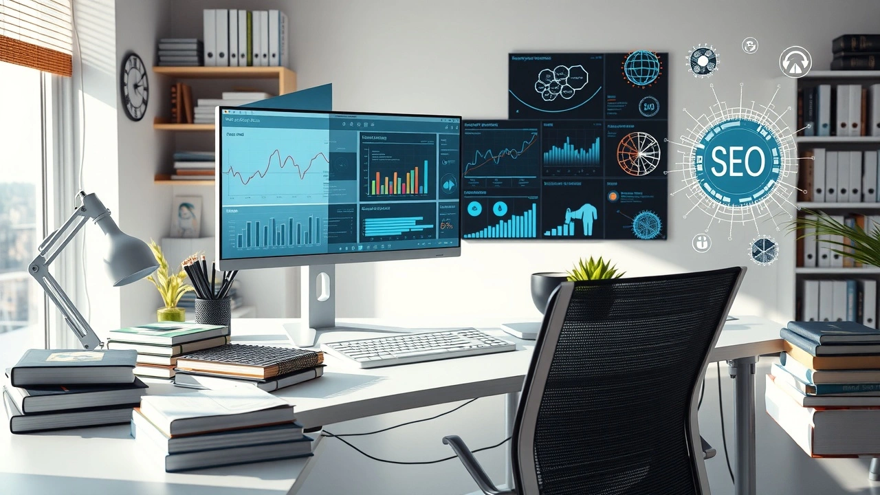 Une représentation photoréaliste d'un espace de travail numérique moderne axé sur l'optimisation SEO avec l'intelligence artificielle.