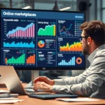 Une scène d'un espace de travail numérique montrant un expert en SEO optimisant les ventes en ligne sur les marketplaces.