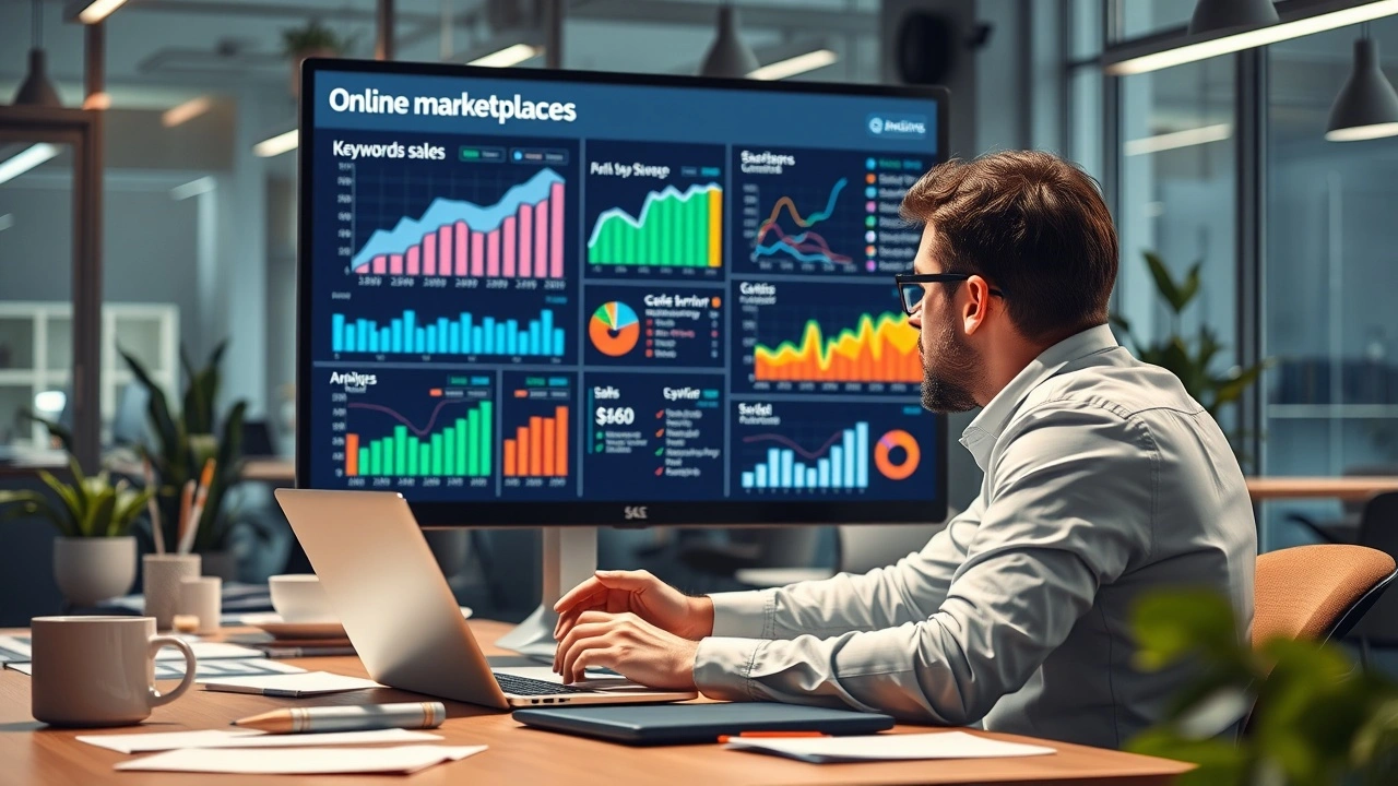 Une scène d'un espace de travail numérique montrant un expert en SEO optimisant les ventes en ligne sur les marketplaces.