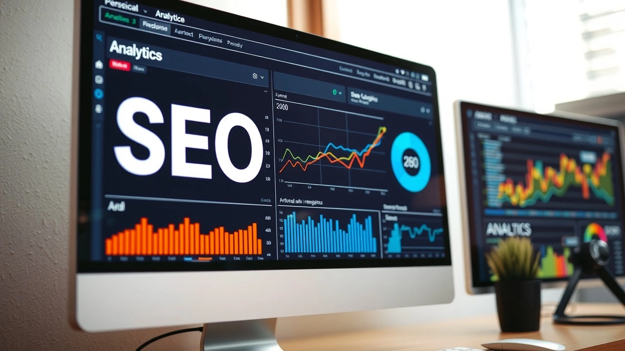 écran d'ordinateur avec analyses SEO et intelligence artificielle