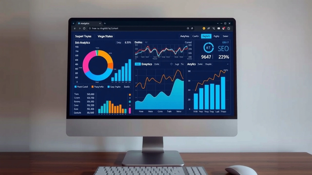 ordinateur avec graphiques d'analyse SEO