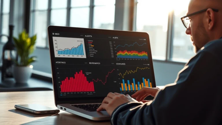 Une personne travaille sur un ordinateur portable avec des graphiques SEO sur l'écran.