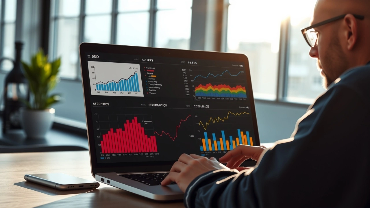 Une personne travaille sur un ordinateur portable avec des graphiques SEO sur l'écran.